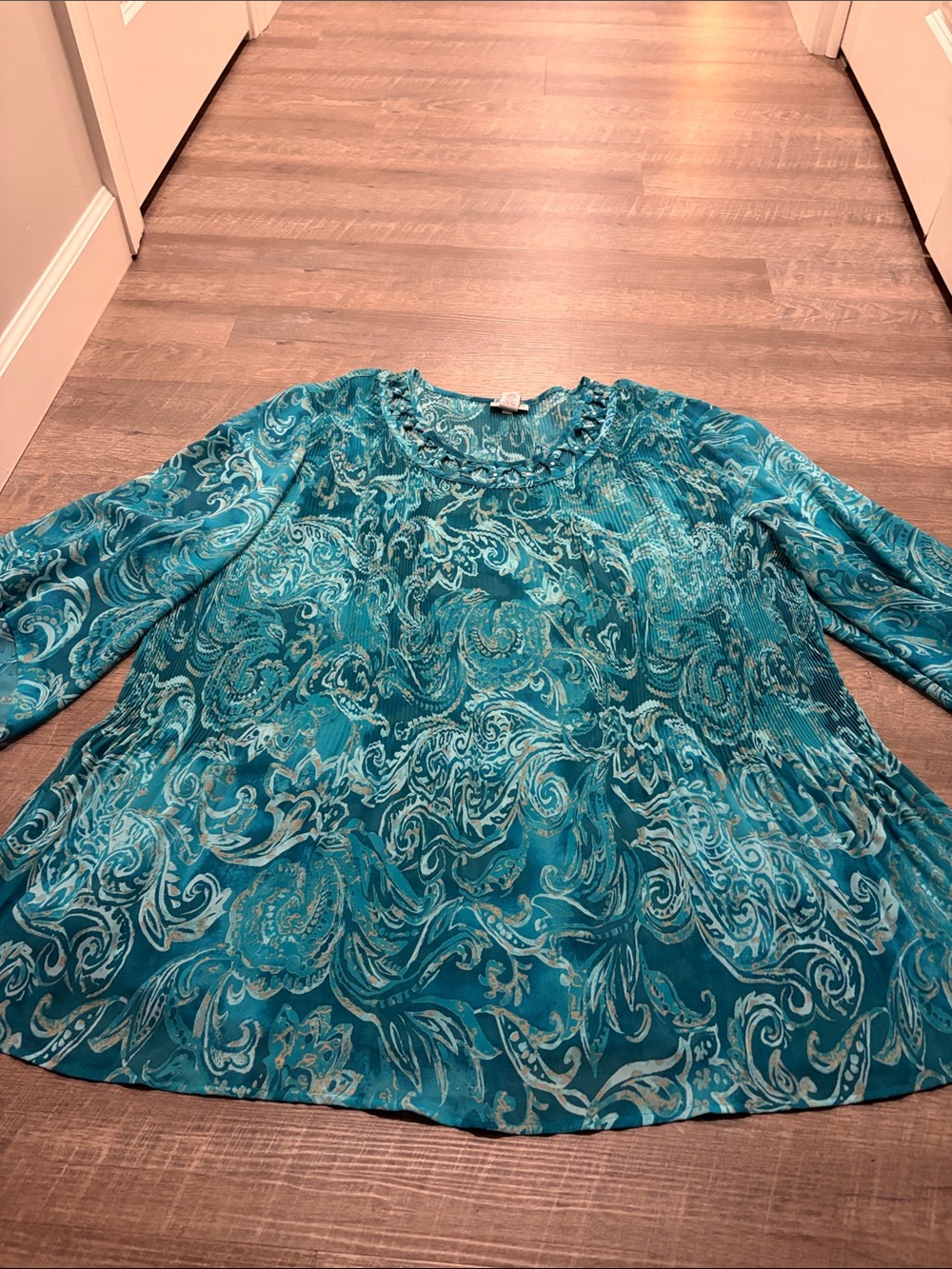 Catherines Teal Paisley Ruffle-Neck Tunic